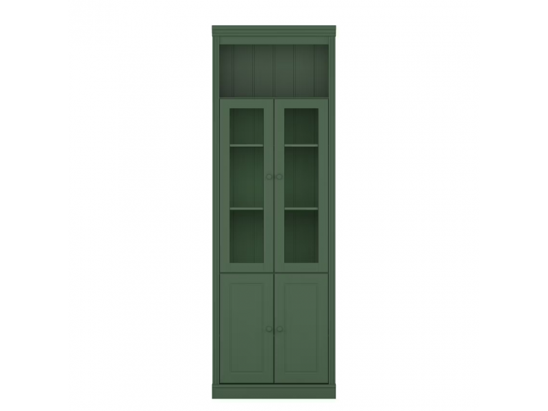 Estante alta com 2,20m para biblioteca com porta de vidro e porta de madeira na cor verde| coleção biblioteca